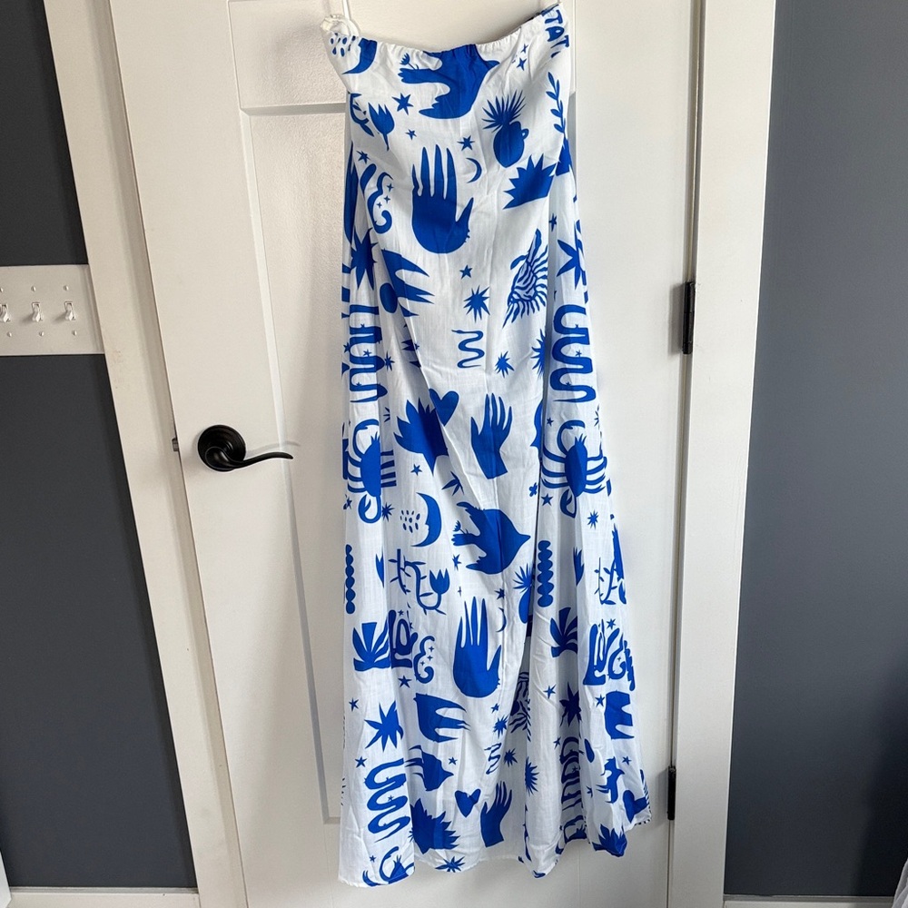 Blue and white strapless maxi dress